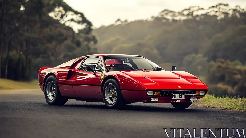 Sleek red classic sports car glows on a quiet country road