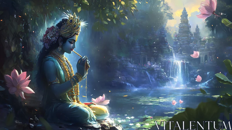 Serene blue deity with flute beside temple waterfall scene.