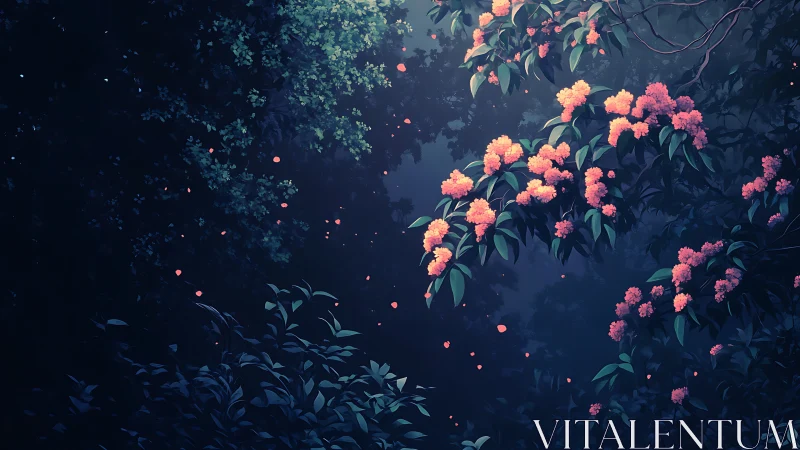 Midnight blossoms drifting through luminous forest hush.