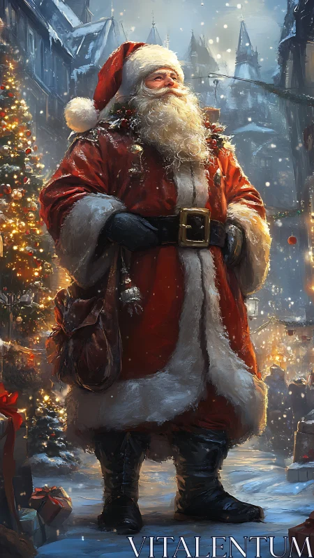 Santa Claus strolls through a glowing snowy city street.