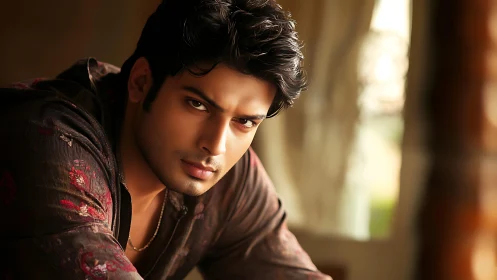 Photorealistic male portrait with warm shallow-focus lighting.