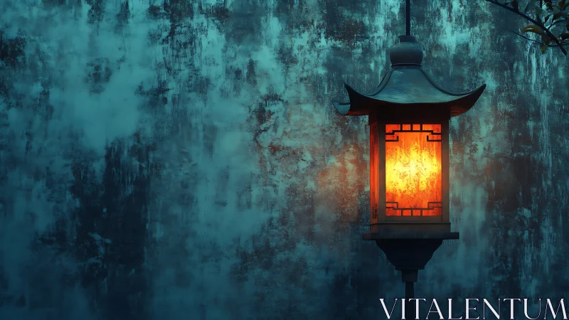 Soft lantern glow against a weathered teal courtyard wall.