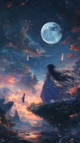 Moonlit cliffside figure under volumetric clouds and twilight gradients