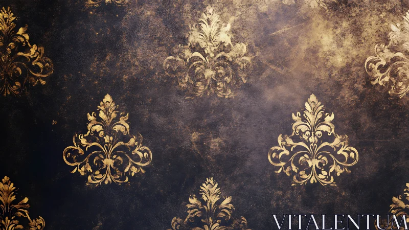 Vintage gold damask motifs adorn distressed dark wallpaper