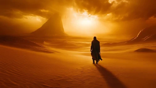 Desert wanderer under volumetric stormlight in orange-spectrum dunes.