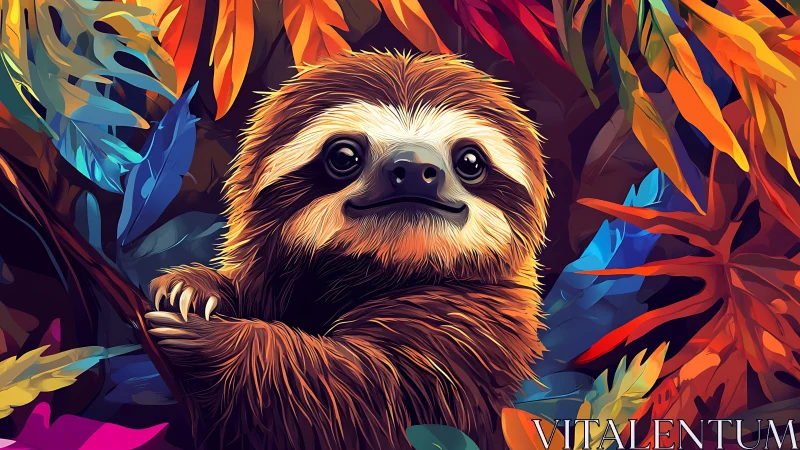 Color-rich digital sloth portrait amid tropical foliage.