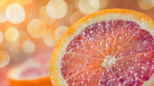 Juicy grapefruit slice glows against soft golden bokeh background.