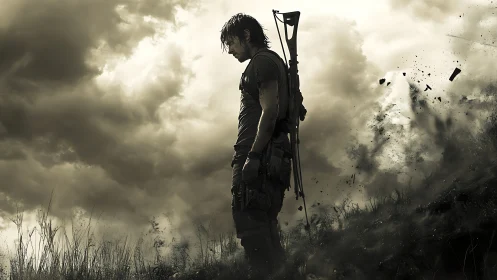 Solitary warrior stands under storm-laden battle sky.