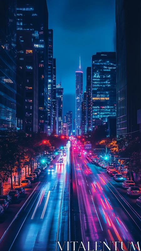 Neon city avenue glowing with lively night traffic and light trails.