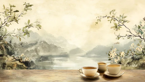 Quiet riverside tea break beneath soft painted blossoms.