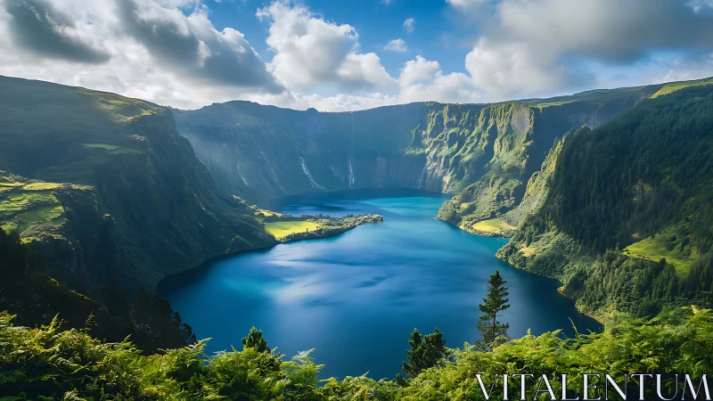 Emerald cliffs embrace a tranquil blue crater lake at sunrise.