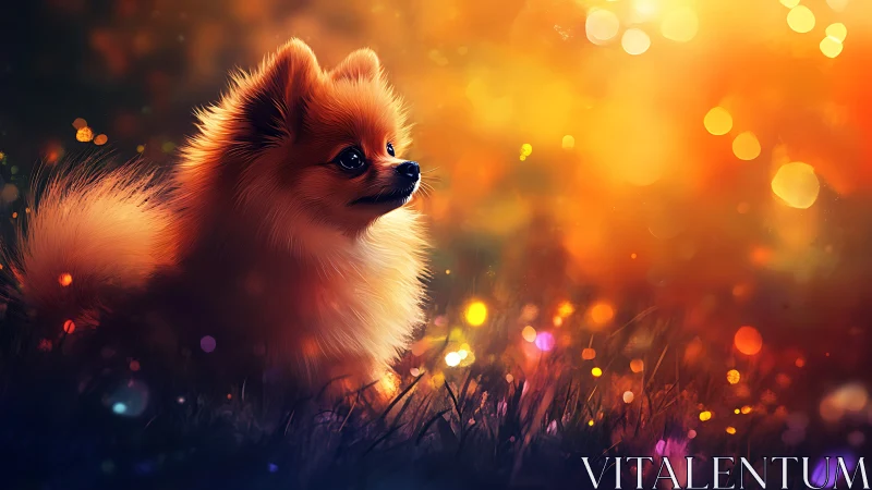 Small long-haired dog in grass with warm bokeh light.