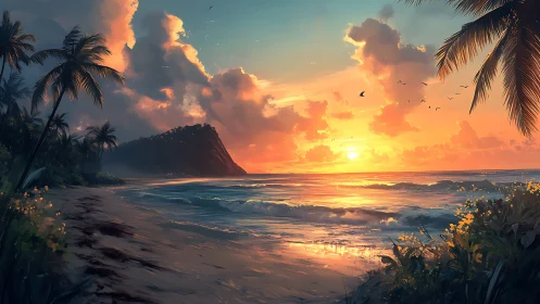 Sunset tidefire ignites a palm-wrapped tropical shoreline.