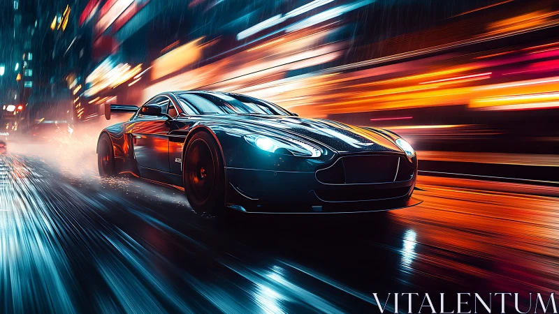 Sleek sports car racing through wet neon city streets.