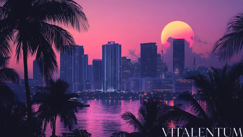 Neon dusk skyline over tropical bay with glowing sun orb.