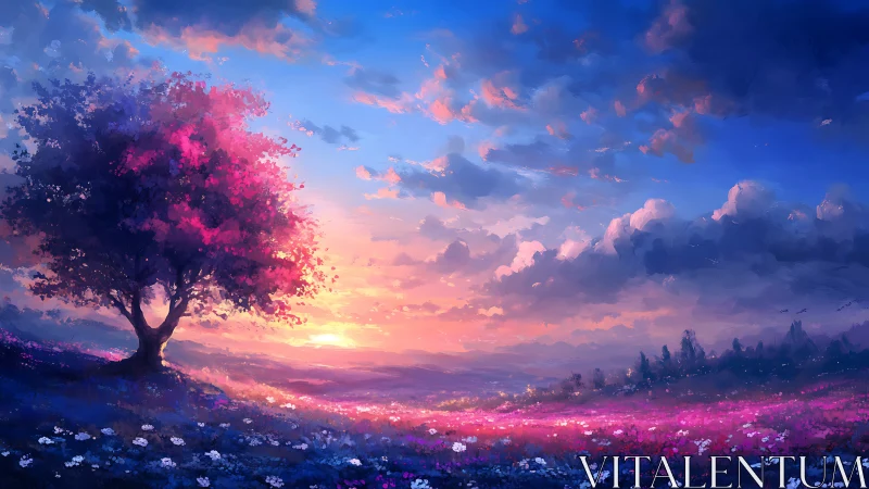 Solitary pink tree over glowing sunset meadow landscape.