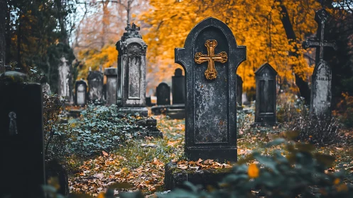 Autumn-lit graveyard of rusted crosses and quiet echoes.