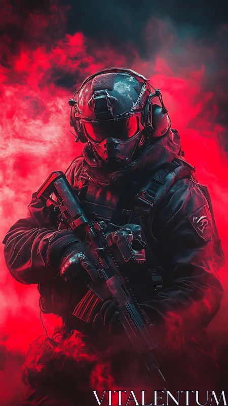 Tactical operator in red vapor with armored helmet and rifle.
