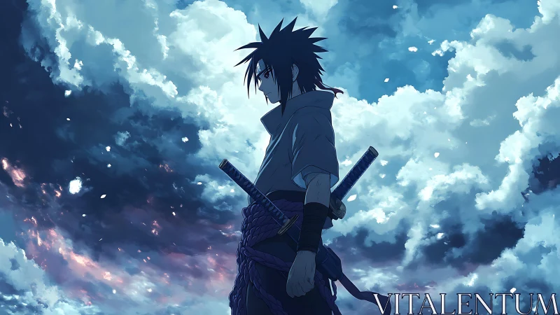 Lone anime swordsman standing strong beneath glowing skies.