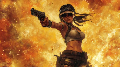 Dynamic action heroine against explosive abstract backdrop.