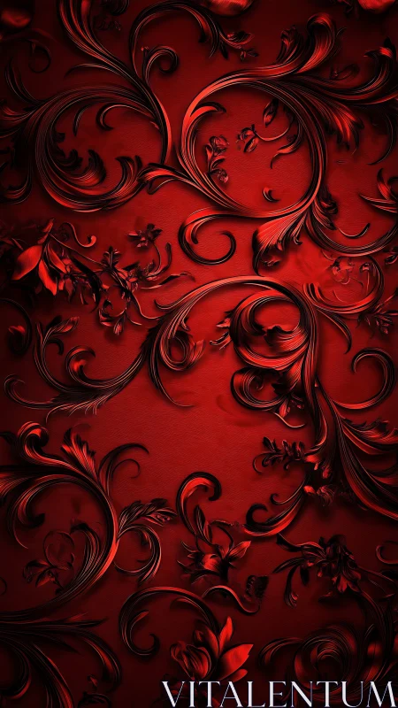 Crimson floral scrollwork flows across ornate baroque surface.