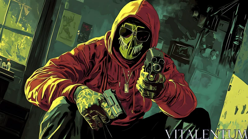 Hooded masked gunman crouches indoors with dual pistols drawn