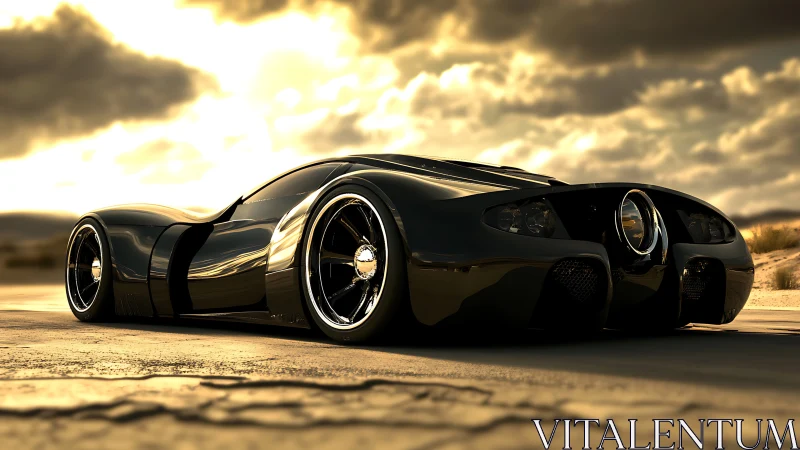 Low-angle view of futuristic black sports car at sunset.