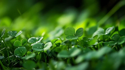 Macro clover leaves with dewdrops in luminous green bokeh field.