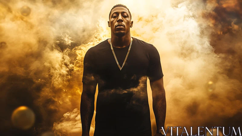 Confident Man Stands Against Golden Flame Background.