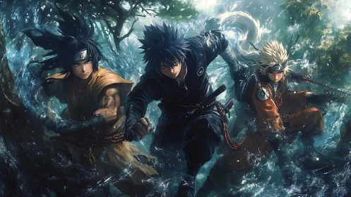 Storm-forged ninja trio charge through raging forest river.