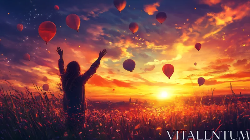 Low-angle sunset field scene with hot air balloons in warm spectrum