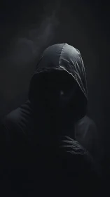 Hooded shadowed figure stands in deep low key darkness