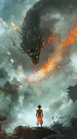 Solitary figure under serpentine dragon in stormed sky.