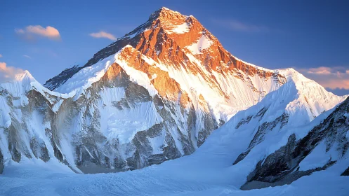 Golden sunrise paints a majestic snow-capped mountain peak