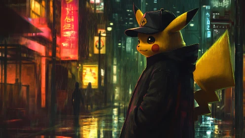 Streetwise electric mascot prowls neon rain-soaked nightscape.