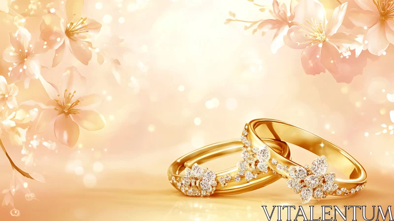 Gold wedding bands sparkle amid soft cherry blossoms.