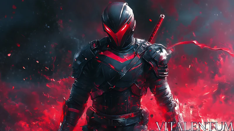 Crimson shadow warrior ignites a storm of neon embers.