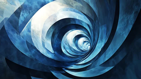 Abstract blue vortex with swirling geometric shapes, digital art.