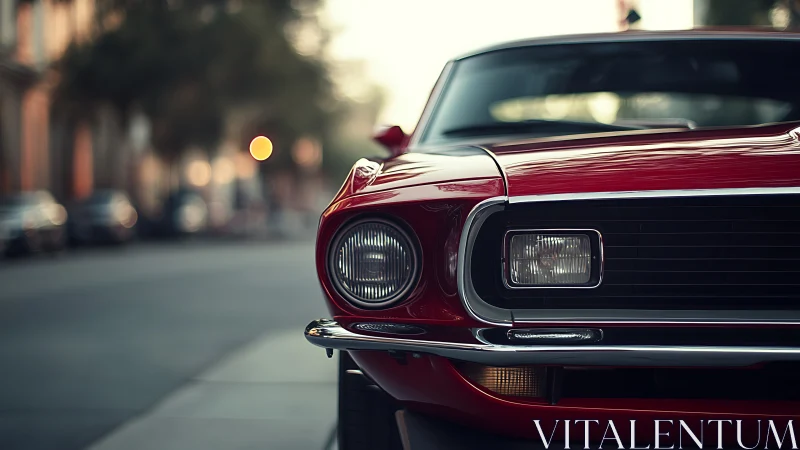 Red vintage muscle car gleams on a calm city street.