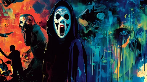 Hooded screaming mask amid abstract horror portraits.