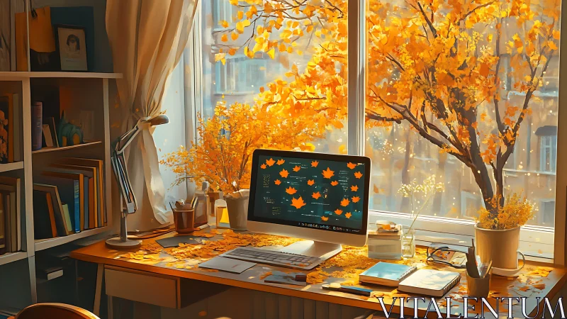 Home office desk with computer and autumn foliage outside window.