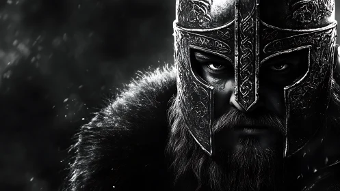 Brooding warrior in carved steel helm meets your steady gaze.