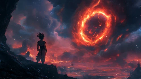 Fiery celestial ring over lone warrior in volcanic twilight sky.