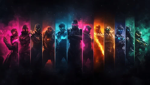 Neon armored heroes stand united in a cosmic spectrum of light.