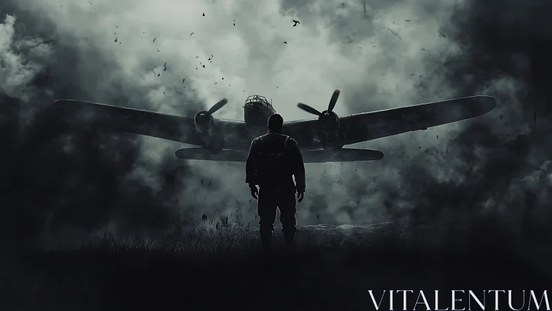 Solitary pilot confronts warplane amid churning storm clouds.