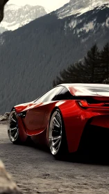 Crimson supercar prowls alpine switchbacks in glossy silence.