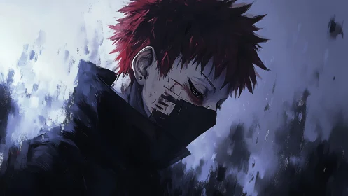 Scarred red-haired masked figure in desaturated anime gloom.