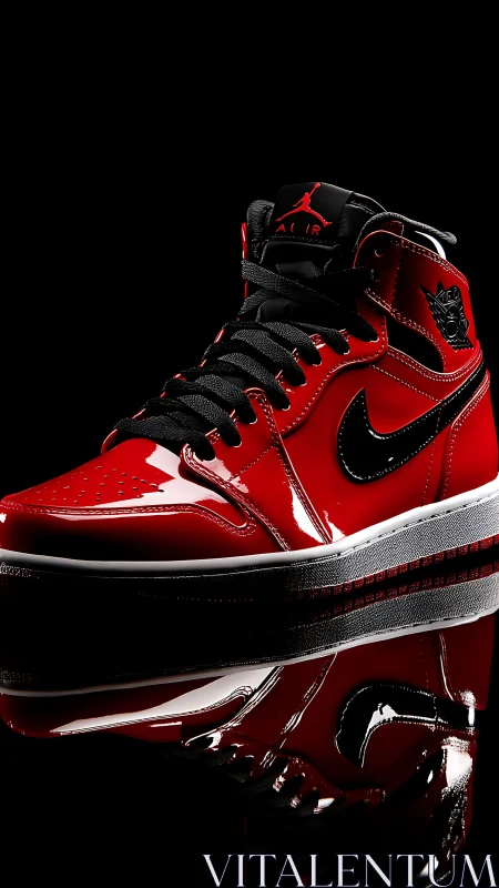Red and black patent leather basketball shoe stands on reflection