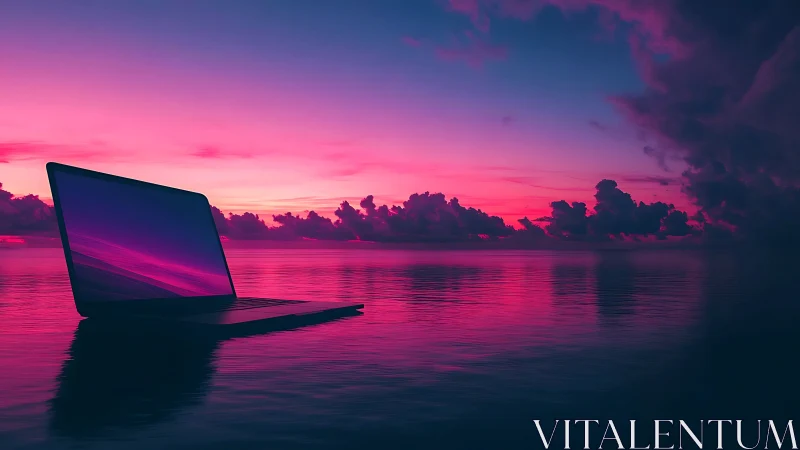 Laptop computer on reflective ocean under magenta sunset sky.