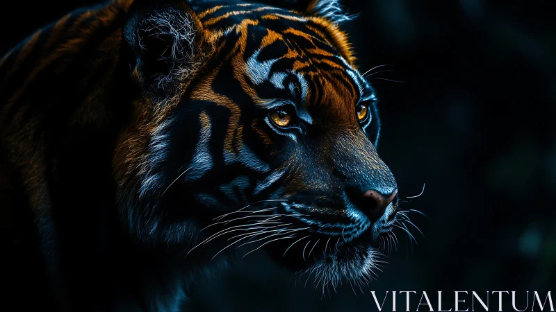 Low key side-lit tiger portrait emphasizes fur microcontrast detailing